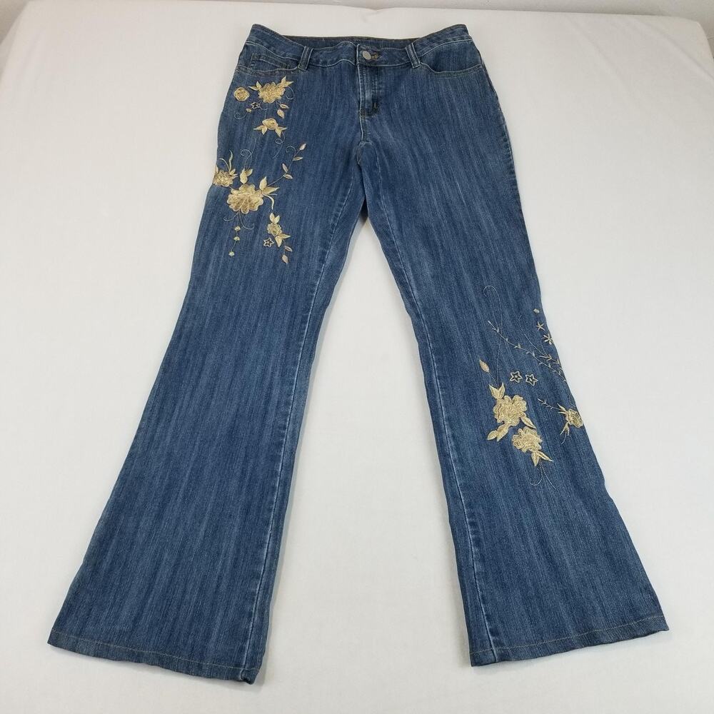 Boston Proper Jeans Womens 6 Blue Floral Embroidered Bootcut Stretch Denim